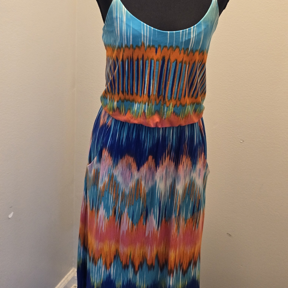 Bisou Bisou Blue and Orange Pleated Maxi Sundress